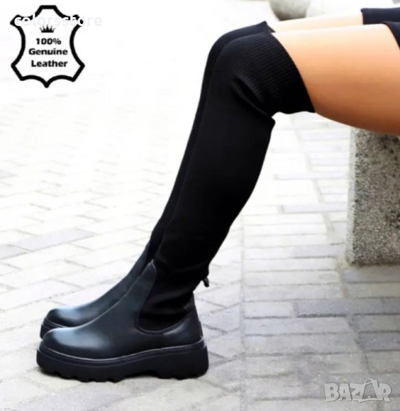 Равни ботуши - черна ЕСТЕСТВЕНА кожа - 308-10, снимка 1