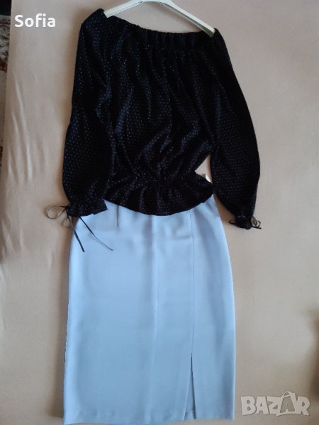 Пола ледено синъо с Пепит КЪСО Сако/точки Блуза-М,Нови/Бежава пола миди с отстъпка, снимка 1