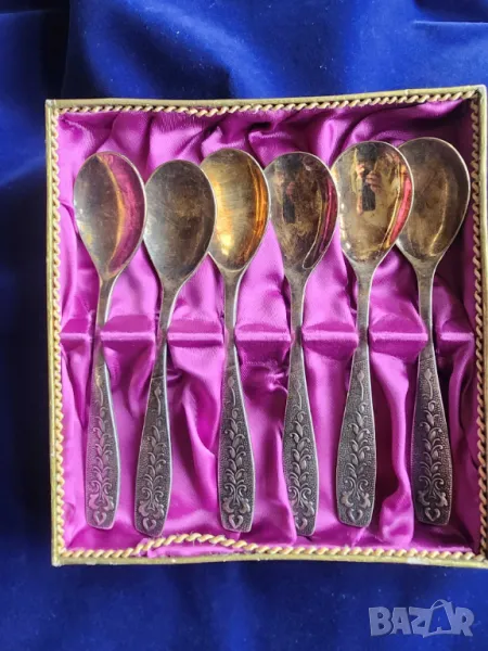 лъжички, позлатени от мелхиор нови,к-т 6 броя, мод. "Хмель" + 7 вилици и 5 лъжици от модела, от СССР, снимка 1