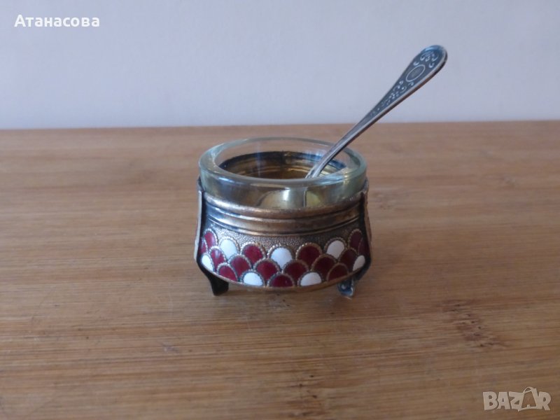 Руско позлатено съдче за хайвер с емайл и лъжичка горчичник горчивник, снимка 1