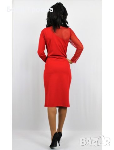 Червена рокля с дълги прозрачни ръкави и вталена форма., снимка 2 - Рокли - 43743939