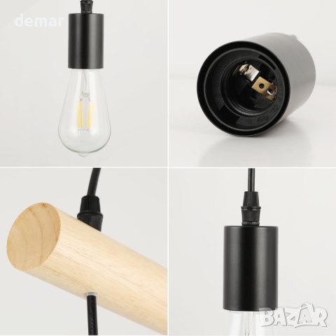 FORCOSO дървена висяща лампа (4 крушки), черна, регулируема, снимка 3 - Лампи за таван - 43412840