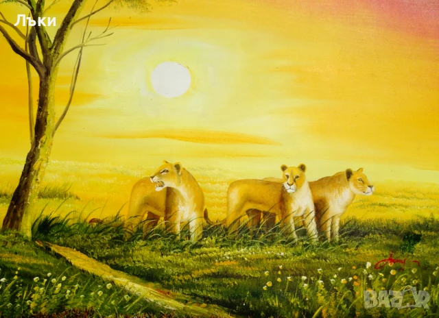 Картина Лъв,Лъвове,масло върху платно,подпис,100 см. , снимка 5 - Картини - 51318830