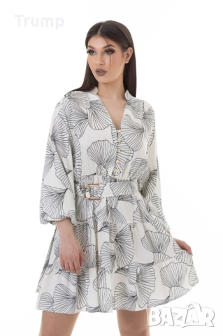 Елегантна ежедневна рокля, нежен десен, листа в черно