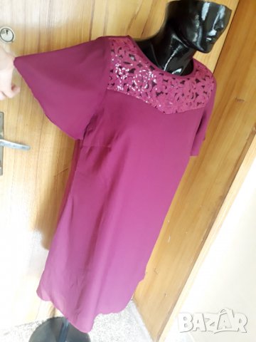Лилава рокля под коляното с деколте от дантела и пайети ХЛ, снимка 2 - Рокли - 32985168