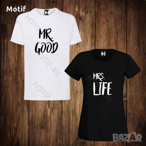 Тениски за двойки с щампа мъжка тениска + дамска тениска MR. GOOD MRS. LIFE 