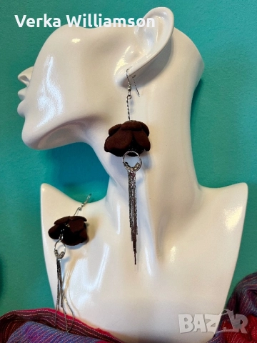 Модел 70. Комплект обици с пръстен от тъмно винено червена естествена кожа, снимка 2 - Бижутерийни комплекти - 52666001