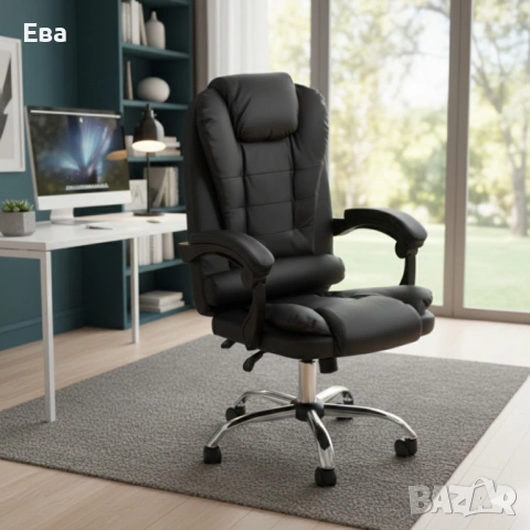 Ергономичен офис стол с лумбална опора от еко кожа в черен цвят - комфорт за дълги часове без болки