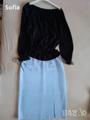 Пола ледено синъо с Пепит КЪСО Сако/точки Блуза-М,Нови/Бежава пола миди с отстъпка, снимка 1