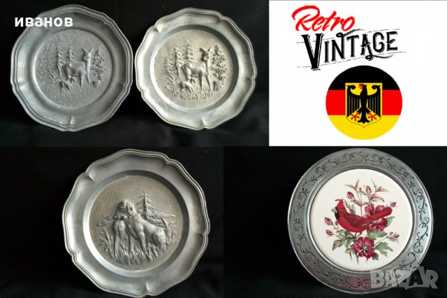 немски чинии за стена с ловни мотиви от Zinn/калай, снимка 1 - Антикварни и старинни предмети - 32829041