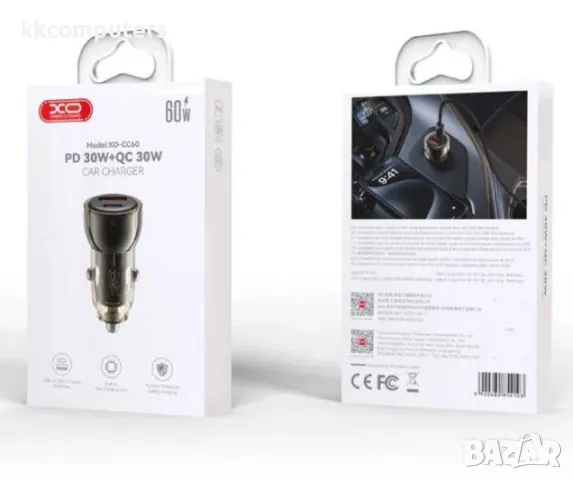 12V Зарядно за автомобил XO-CC60 60W/ PD, USB QC 3.0 / Син-Прозрачен / Баркод : 456447, снимка 3 - Зарядни за кола - 47709274
