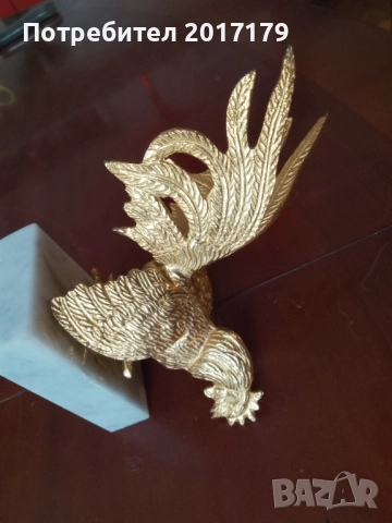 Позлатен месингов петел на мраморна поставка , снимка 3 - Антикварни и старинни предмети - 52591769