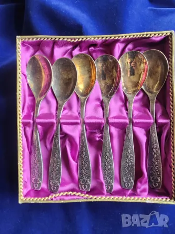 лъжички, позлатени от мелхиор нови,к-т 6 броя, мод. "Хмель" + 7 вилици и 5 лъжици от модела, от СССР