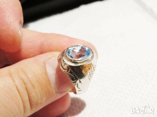 Стар  мъжки сребърен пръстен с голям камък - аквамарин - стар внос от Щатите ., снимка 3 - Пръстени - 32351178