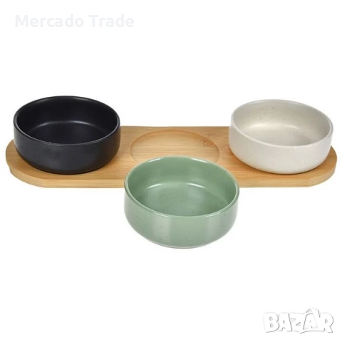 Комплект 3 цветни керамични купички Mercado Trade, Бамбукова поставка, снимка 2 - Прибори за хранене, готвене и сервиране - 52842810