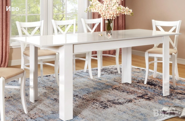 Голяма трапезна маса(разтегателна) бял гланц почти нова!!! Промоция!, снимка 4 - Маси - 52454555