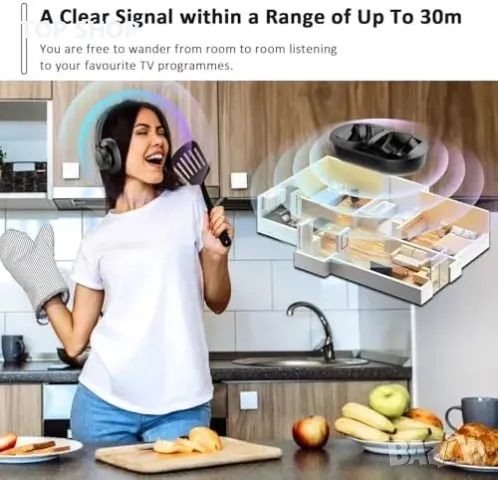 Нови Безжични слушалки за телевизор с 45 часа батерия и 30 м обхват, снимка 7 - Слушалки и портативни колонки - 49217046