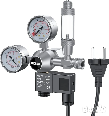 NICREW Аквариумен CO2 Регулатор с Двоен Манометър и Соленоид (W21.8)