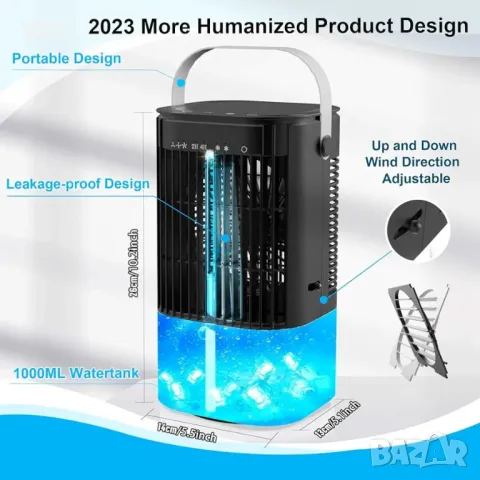 Преносим климатик, личен вентилатор за охлаждане, изпарител 4 в 1 с резервоар за вода 1000 ml/3 режи, снимка 3 - Климатици - 48801723