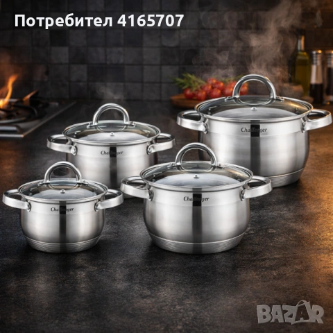 Комплект 4 тенджери от неръждаема стомана с индукционно дъно Cheffinger CF-SS8 + ПОДАРЪК Ръчен чопър, снимка 2 - Съдове за готвене - 53191695
