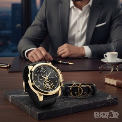 Елегантен мъжки комплект – часовник с черна каишка и гривна с метален щит, снимка 7 - Други - 51947391