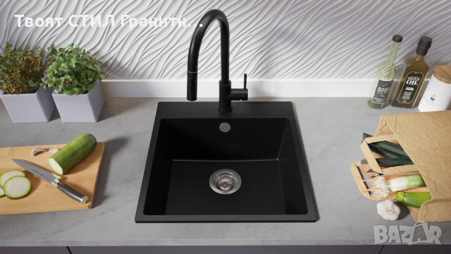 Черна кухненска мивка от гранит Рига 50 XL 480 x 500 мм, снимка 3 - Мивки - 50846634