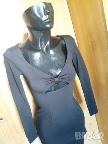 Черна рокля с дълъг ръкав по тялото с бюст панделка С , снимка 2 - Рокли - 26373287