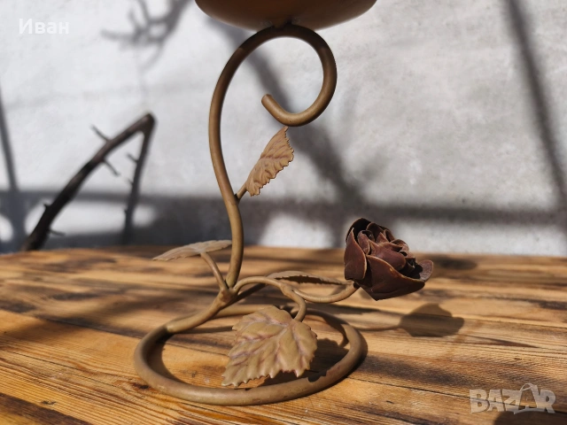 свещник ковано желязо с листа и роза , снимка 4 - Антикварни и старинни предмети - 53562506