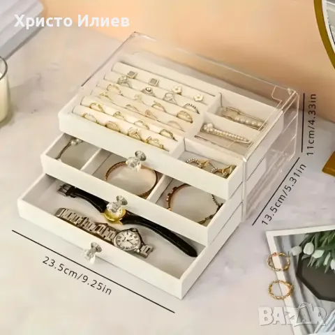 Голяма кутия за бижута с 3 чекмеджета с кадифена подплата Бежова Сива, снимка 4 - Други - 48179879