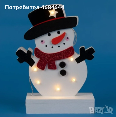Светеща коледна украса във формата на снежен човек 25 см. Дървена LED декорация снежен човек с 6 LED, снимка 2 - Декорация за дома - 52817902