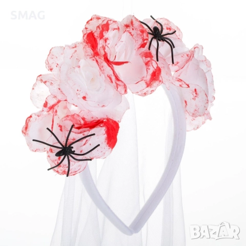 Диадема Halloween с кървави рози и бял тюл с паяци_1256037, снимка 2 - Аксесоари за коса - 52131924