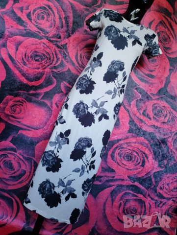 Дълга бяла рокля на сиво/черни цветя М, снимка 4 - Рокли - 37618925