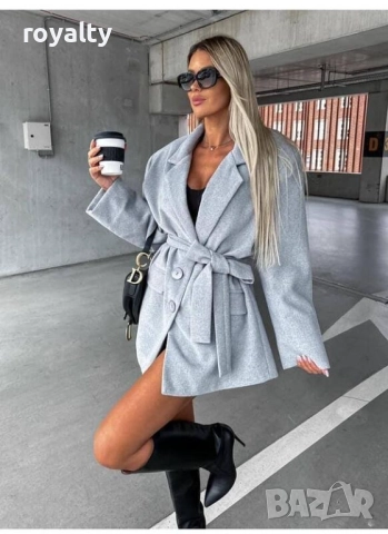 Дамско сиво късо палто с колан / Различни цветове , снимка 2 - Палта, манта - 52201508