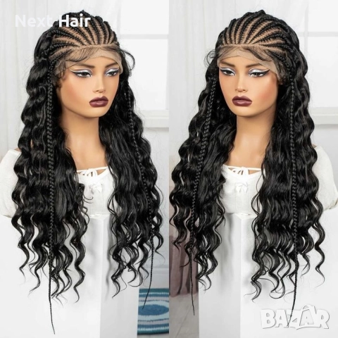 Екзотична черна синтетична перука с пълзящи плитки и къдрава дължина 70 см - Lace Front 13x6, снимка 4 - Аксесоари за коса - 52828530