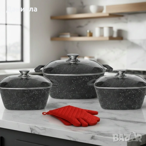 Комплект тенджери – Cheffinger от 3 части с мраморно покритие и капаци + подарък 2 ръкавици, снимка 2 - Съдове за готвене - 53122731