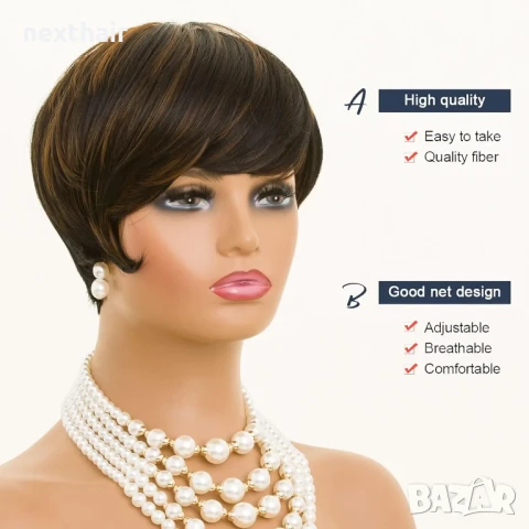 Къса дамска черна перука с кичури, снимка 3 - Аксесоари за коса - 50713952