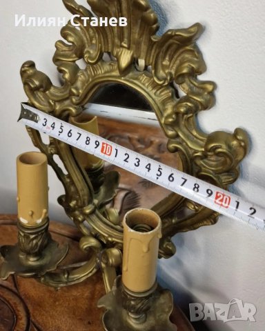 Много красив масивен бронзов аплик за стена с огледало и две крушки тип свещи , снимка 9 - Декорация за дома - 43906501