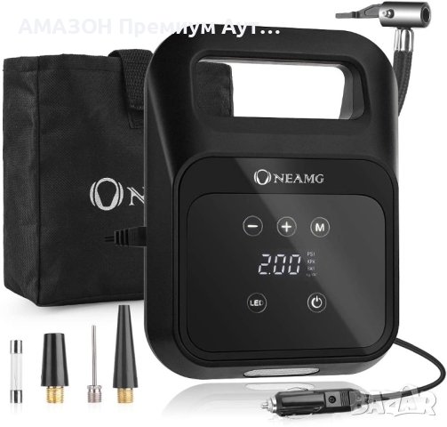 OneAmg 12V преносим въздушен компресор за кола,150 PSI,35 л/м,3 дюзи,LED екран/sos светлина