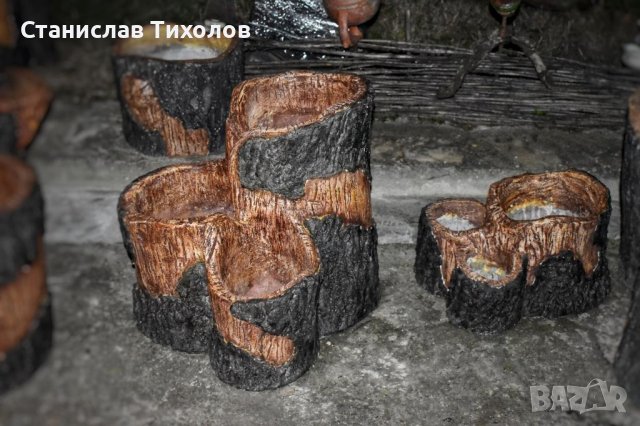 Градински кашпи саксии от щампован бетон имитиращи дърво, снимка 2 - Саксии и кашпи - 39477709