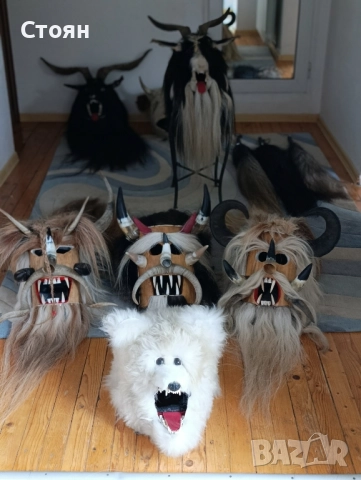 кукерски маски и бичове от конски опашки