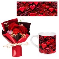 Подаръчен комплект "Обичам те" букет от вечни цветя и чаша в луксозна кутия, снимка 2 - Декорация за дома - 43623515