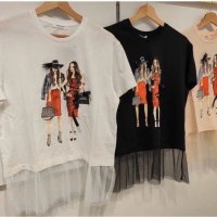 Тениска със тюл и Fashion дами във черен и цвят пудра, снимка 1 - Тениски - 28954955