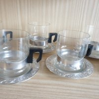 Ретро чаши за чай от йенско стъкло с метални подложки, снимка 2 - Сервизи - 35069921
