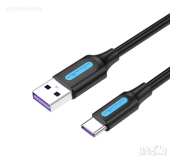 Кабел USB3.1 Type C Мъжко към USB Мъжко 1.5m Черен Vention CORBG 5A Fast Charging Cable USB Type C -, снимка 1