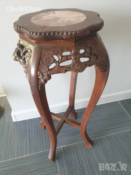 76см конзолна маса дърворезба-мрамор/дървена масичка-пиедестал-поставка за саксия, снимка 1