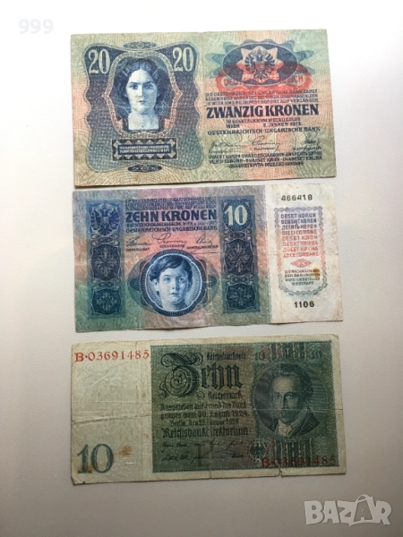 10 марки 1929 Германия * 10 крони 1915, 20 крони 1913 - 1919 Австрия * Австро - Унгария, снимка 1