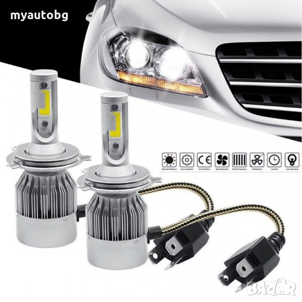 H4 LED крушки автокрушки 3800LM 72W 12V комплект BI xenon, снимка 1