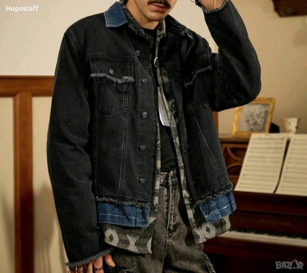 Ново мъжко дънково яке риза черно и синьо двойно деним памук XХЛ, снимка 1
