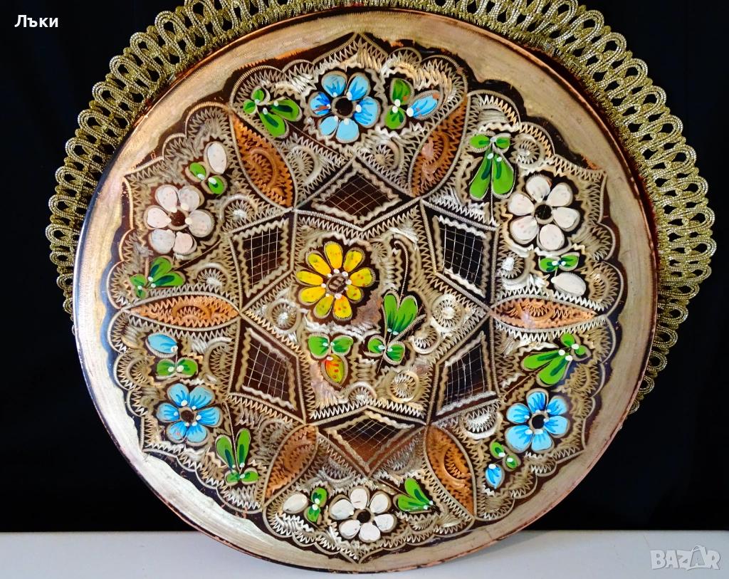 Медна чиния,пано,ръчно писана и рисувана с емайл. , снимка 1