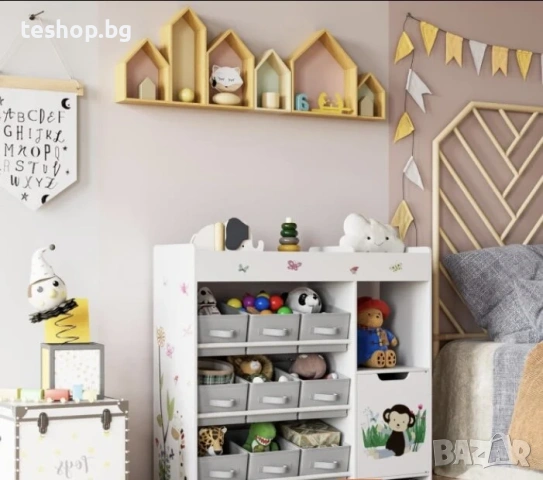 Рафт етажерка за играчки Hos-MD-070, бял цвят със сиви шкафчета, снимка 3 - Мебели за детската стая - 53294514